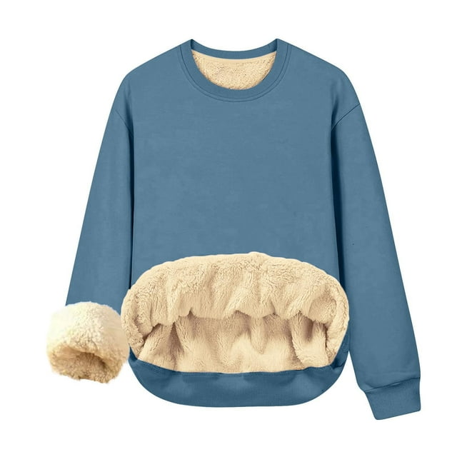 Qucoqpe - Camiseta de manga larga con cuello redondo para mujer, sudadera cálida de invierno con forro polar, blusa informal de color liso, blusa azul cielo 5XL