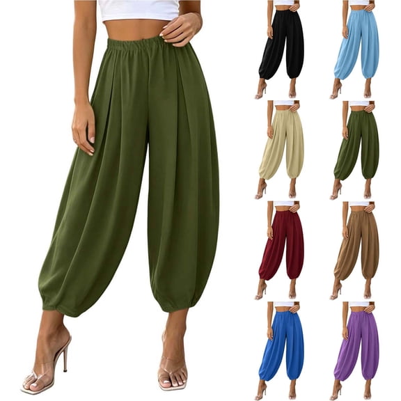 Oksale Harem Pants for Women Petite Trendy Loose Lantern Pants Elastic High Waist Ankle Pants Vacation Fashion Clothing Beige M