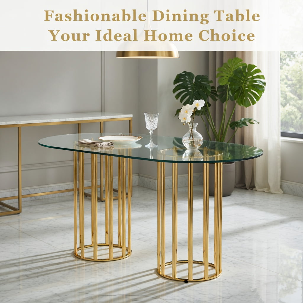 Hommoo 71-inch Oval Tempered Glass Dining Table with Double Column Base, Light Luxury Modern Design for 6-8 People, Scratch-Resistant & Easy-Clean Tabletop, Gold