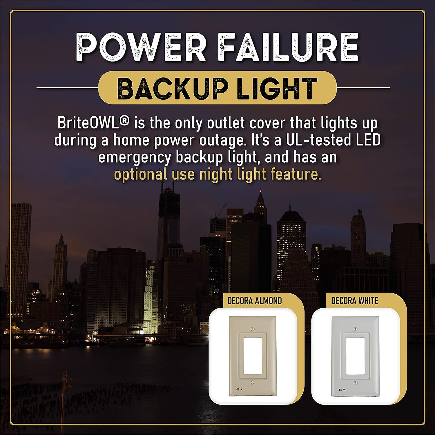 briteOWL Power Failure LED Light Up Outlet Cover, Unaffected by Electrical Outage, Decora White