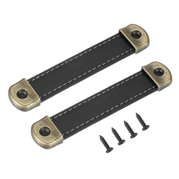 Uxcell 4.4" Leather Drawer Pulls with Iron Sheet, 2 Pcs Leather Strap Trunk Handle Knobs with 18mm Screws, Black