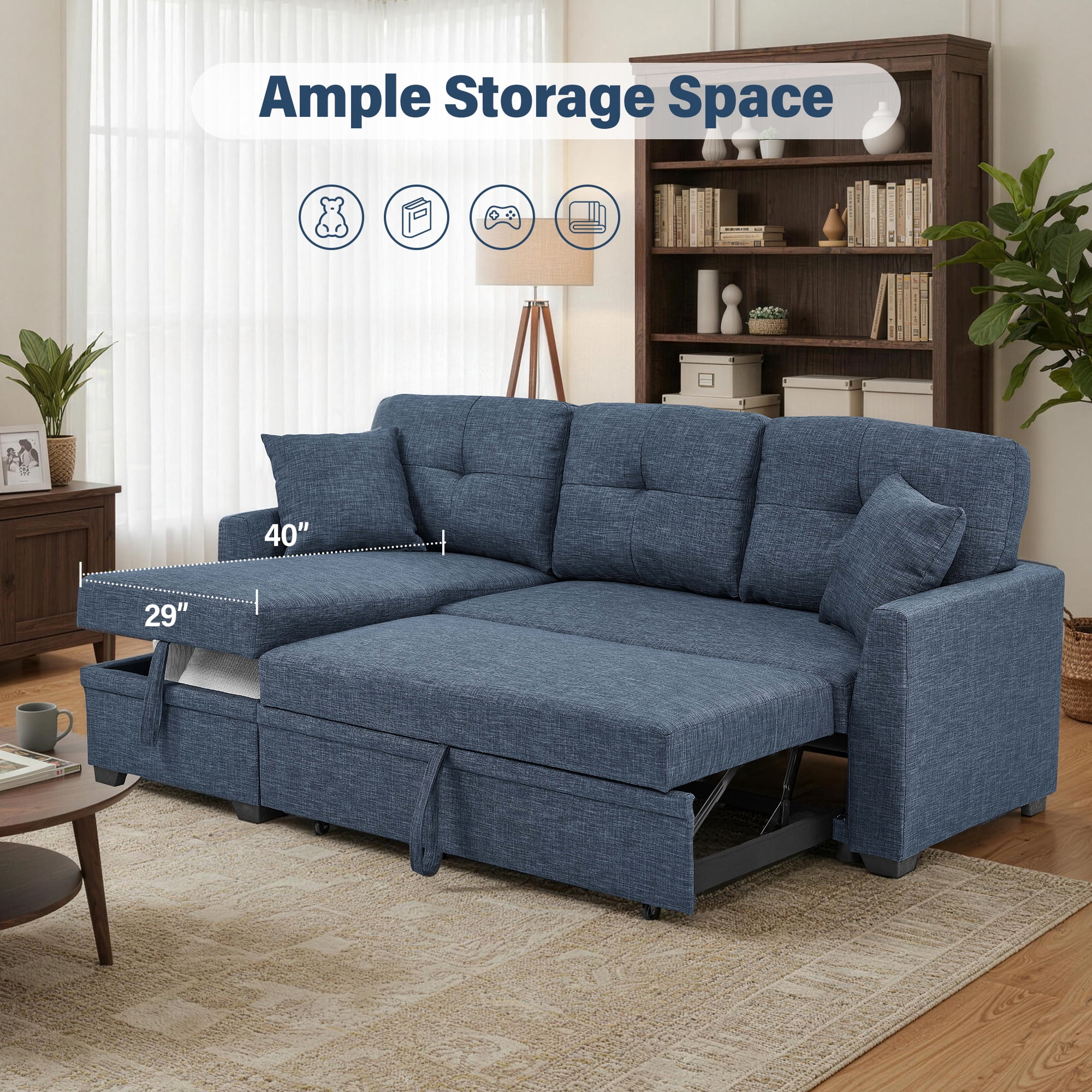 AENKYO Convertible L-Shaped Sectional Sofa Sleeper with Pull-Out Bed and Storage Chaise, Linen Upholstered Couch for Living Room，Blue