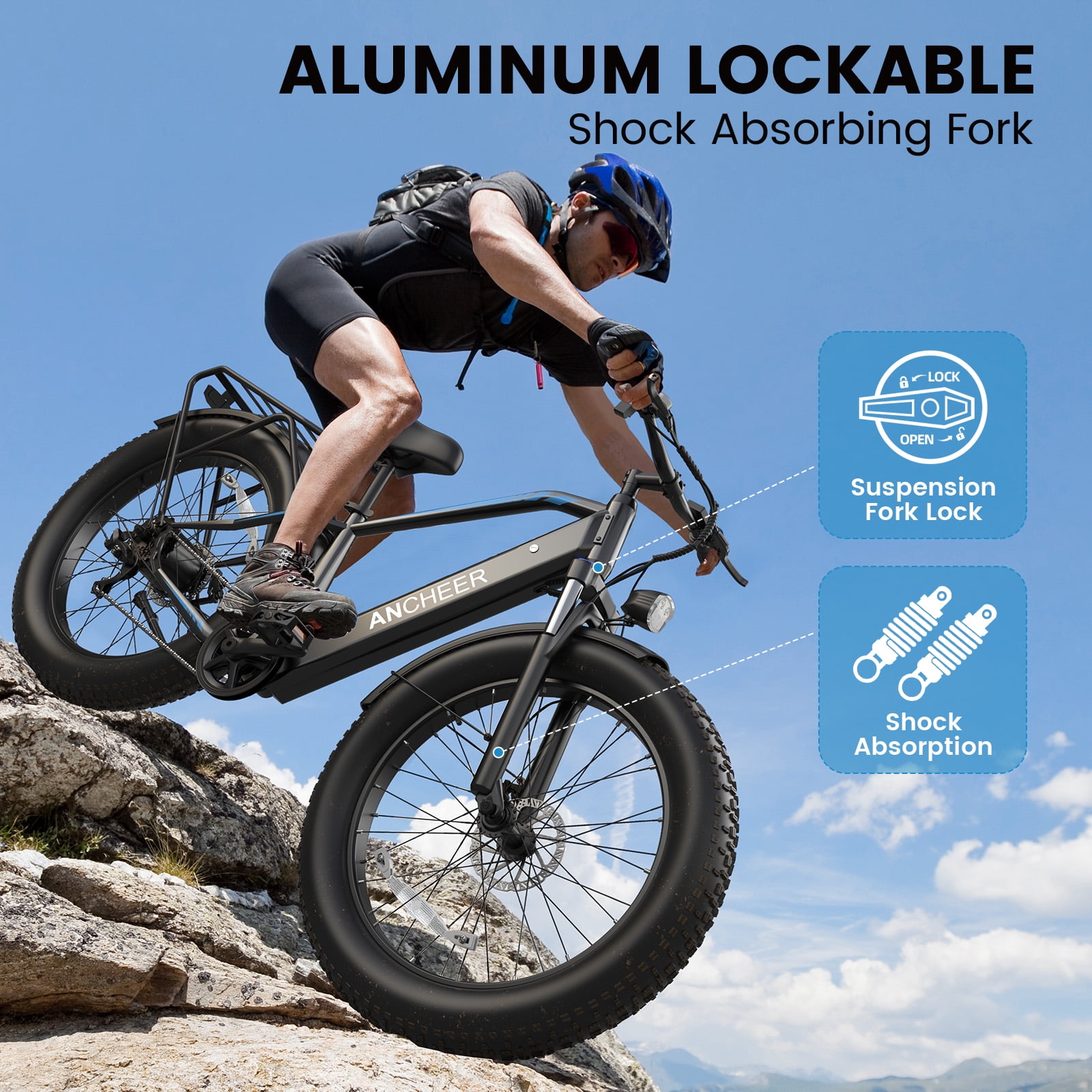 ANCHEER Electric Bike for Adults Peak 1000W Electric Bicycle 48V 15AH Battery Electric Bike 26" x 4.0" Fat Tire Mountain 28MPH 7 Speed Gears Electric Bike, Rear Rack,UL2849