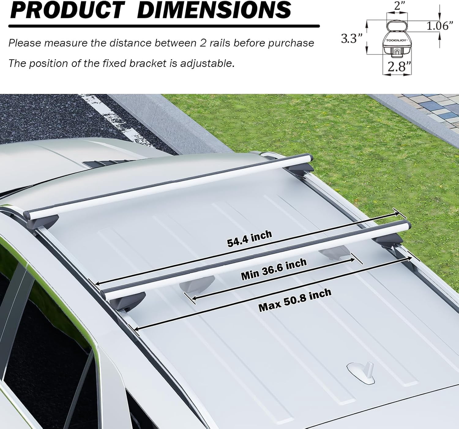 53 Inch Aluminum Roof Rack Cross Bars for Raised Side Rails, Adjustable Cargo Bars, Hold 165 LBS, Silver