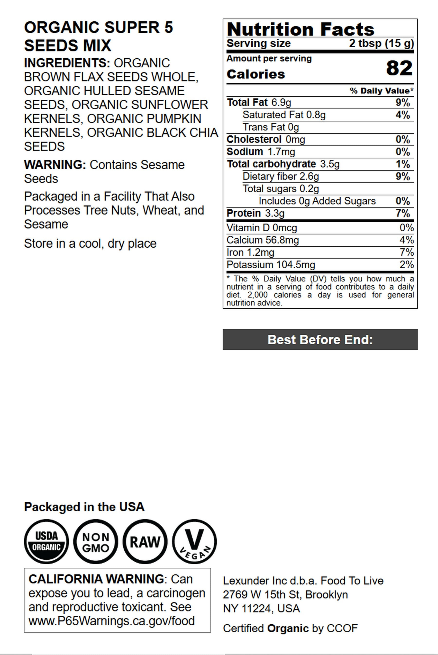 Organic Super 5 Seeds Mix, 5 Pounds – Non-GMO, Vegan, Kosher – by Food to Live