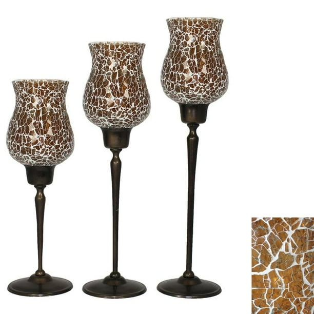 Glamorous 3 Piece Amber Mosaic Candle Holders