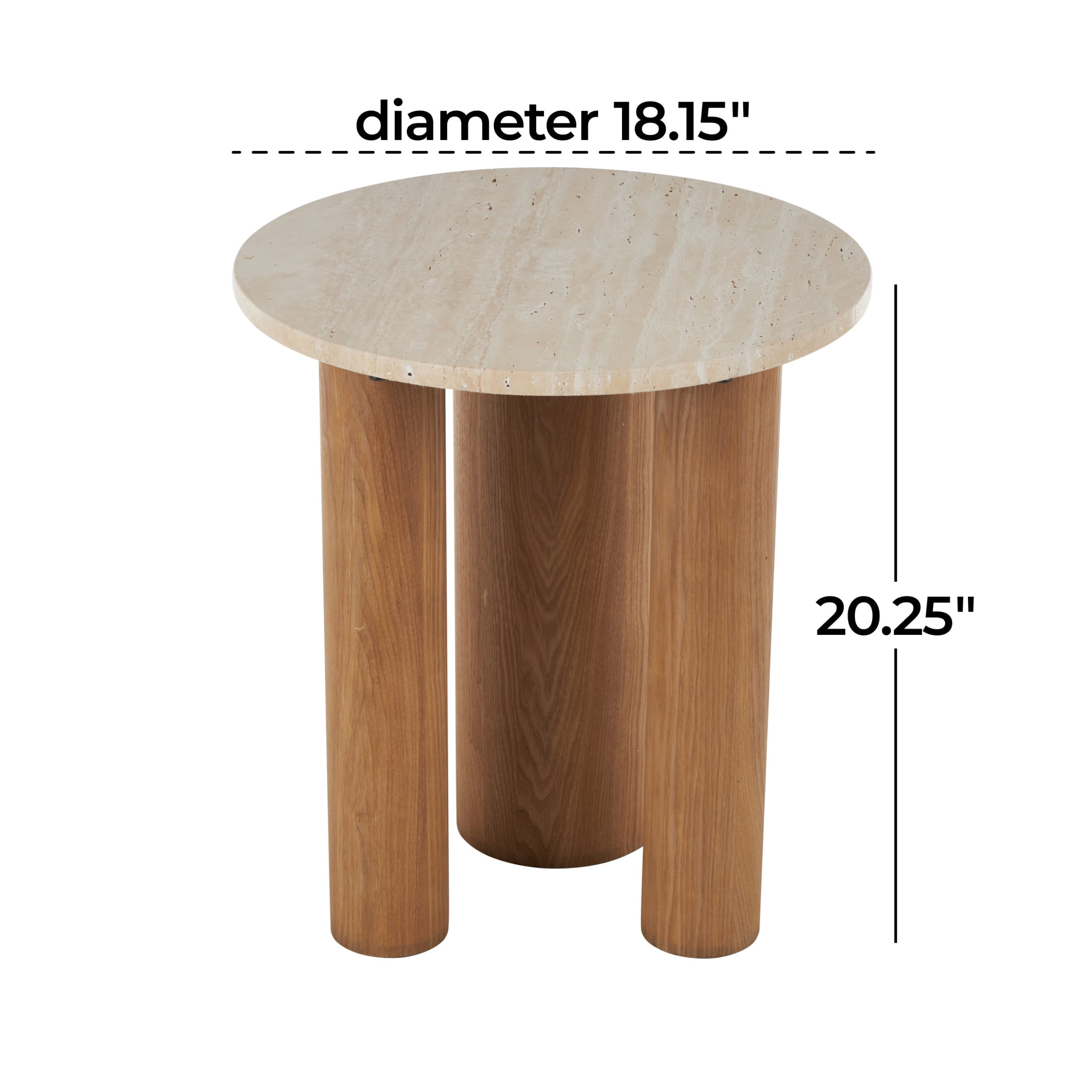 DecMode 18" x 20" Brown Wood Accent Table with Beige Round Marble Tabletop, 1-Piece