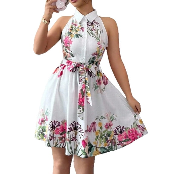 EASYBRAUS Women Halter Neck Summer Floral Dress Sleeveless Pleated Vacation Dress