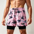 thumbnail image 2 of Mens 2 in 1 Swim Trunks with Compression Liner Summer Printed Quickly Dry Swim Short Swimsuit Bathing Suit Beach Shorts (XL, Pink), 2 of 6