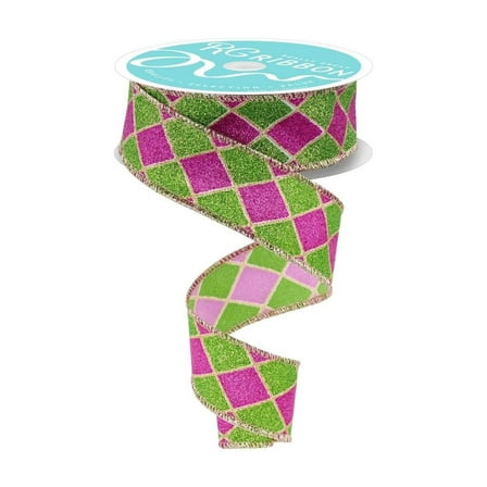 1.5" Glitter Harlequin Ribbon: Pink/Lime (10 Yards)