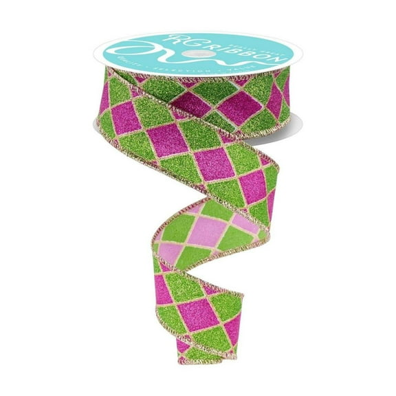 1.5" Glitter Harlequin Ribbon: Pink/Lime (10 Yards)