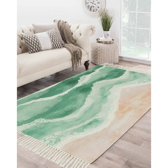 Green Coastal Beach Large Area Rug 4x6ft Woven Runner Rug,Modern Oil Painting Nautical Washable Living Room Bedroom Kitchen Bathroom Classroom Carpet with Tassels,Indoor Outdoor Throw Door Mat