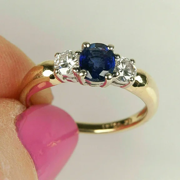 14K Yellow Gold Plated 2 Ct Blue Sapphire & White Diamond 3-Stone Engagement Ring