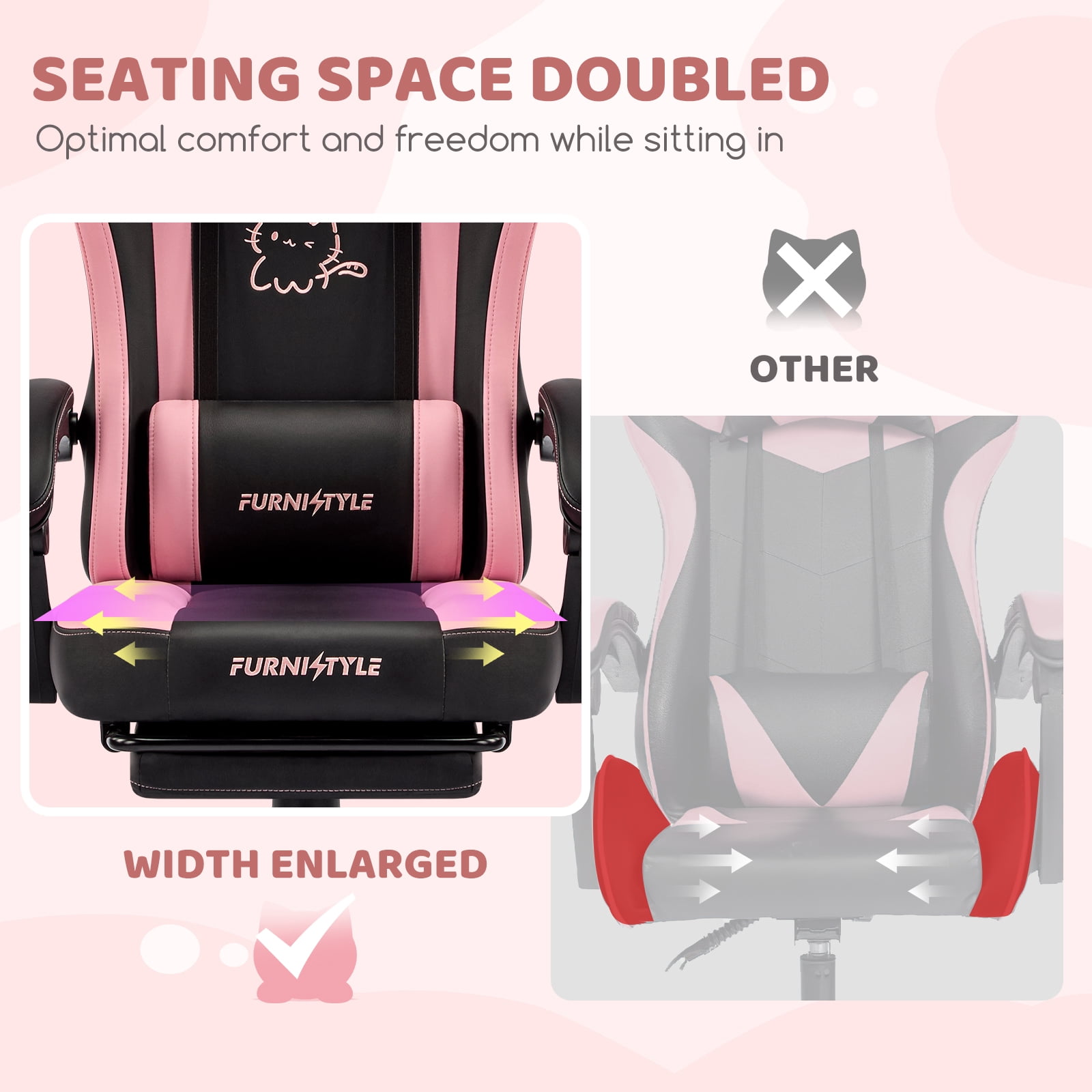 Falvinoryn Cute Gaming Chair, Ergonomic Computer Chair with Cat Ears for Girl, Lumbar Support and Headrest, Reclining Game Chair with Footrest. Black