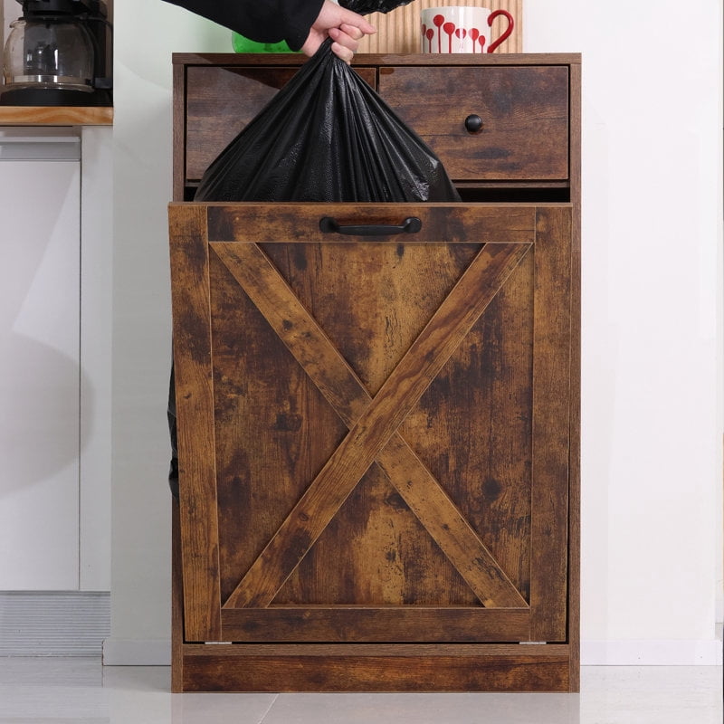 Tilt Out Trash Cabinet Free Standing with Drawer Trash Bin Storage Cabinet