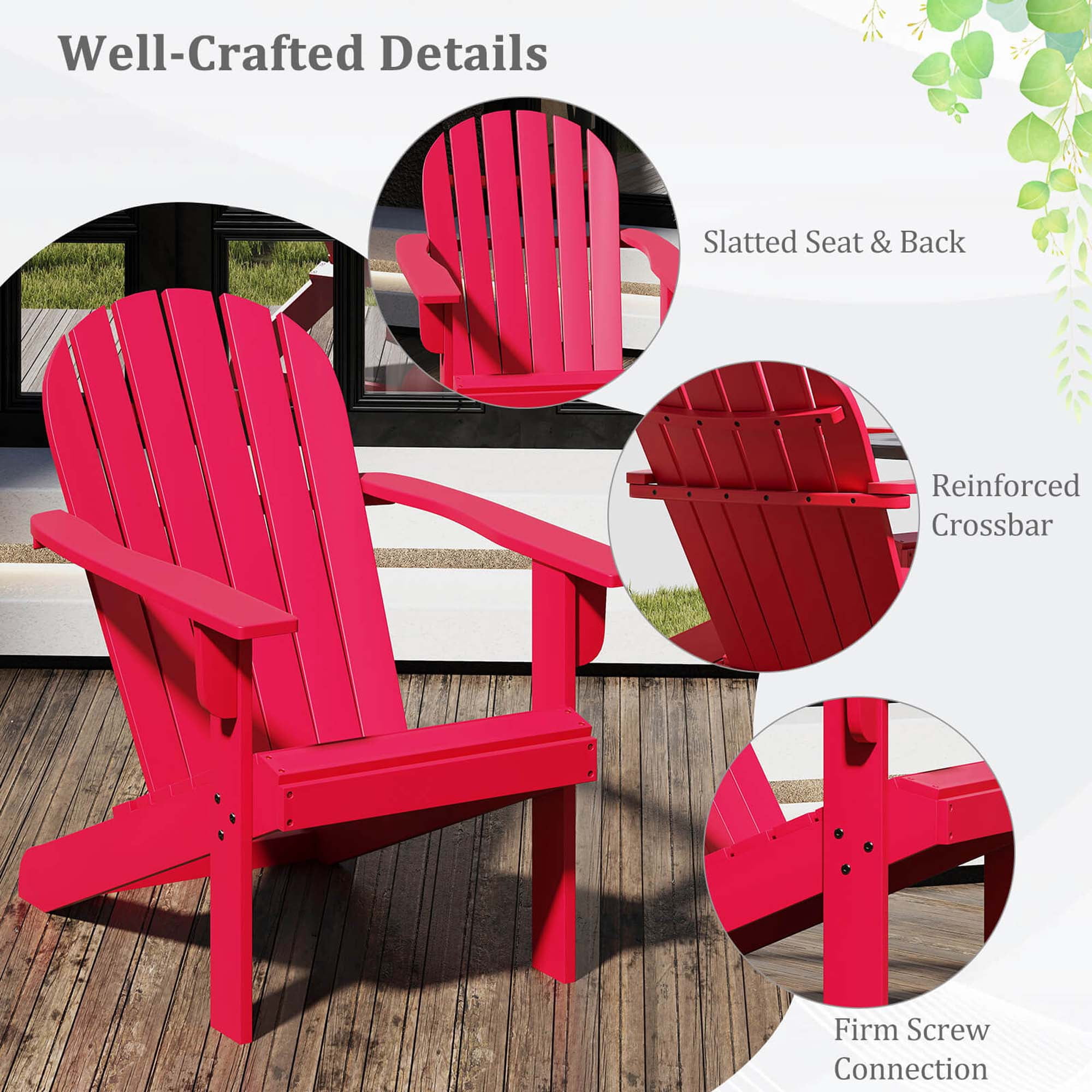 Costway Patio Adirondack Chair with  Inclined Seat High Backrest & Wide Armrests Red