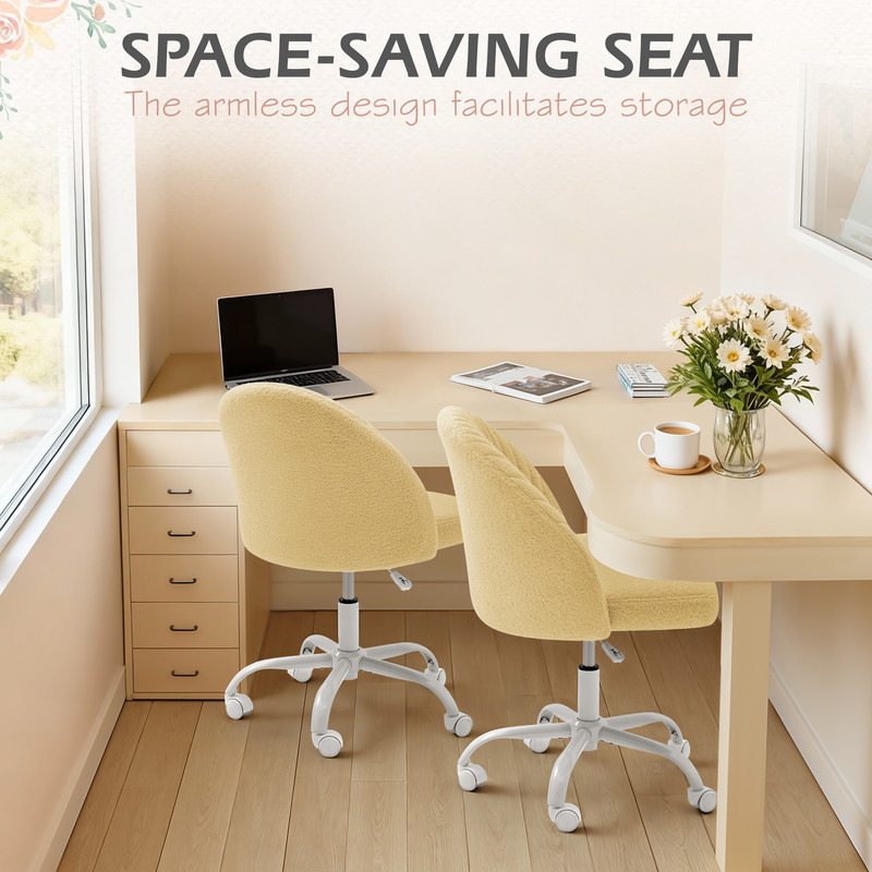 Lacoo Modern Vanity Chair with Back, Teddy Velvet Desk Chair for Bedroom, Living Room or Study,Small Office Chair,Yellow