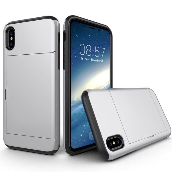 Allytech Case for iPhone XR Case Hybrid iPhone XR Wallet Case Dual Layer Protective Shell Hard PC Soft TPU Bumper Credit Cards Slot Cover for 2018 Apple iPhone XR 6.1"- Silver