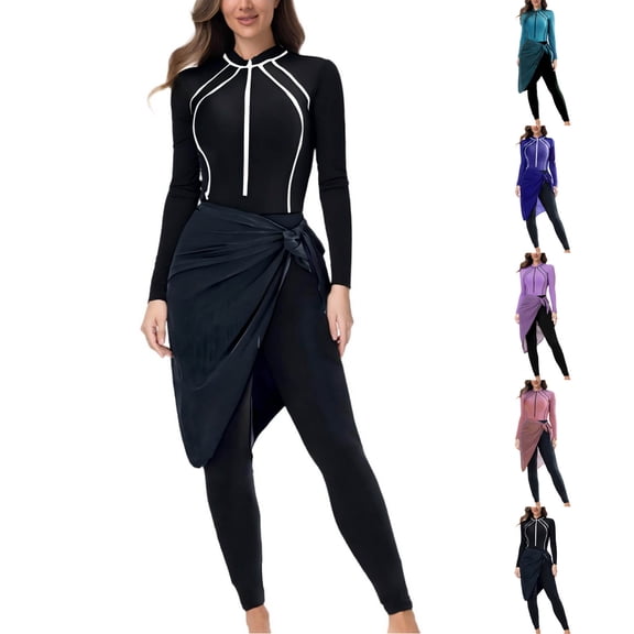 Tqyyweavej 3 Piece Swimsuits for Women Long Sleeve Stripe Hooded Swim Tops and Black Tight Athletic Bathing Suit Leggings with Bottoms Coverups