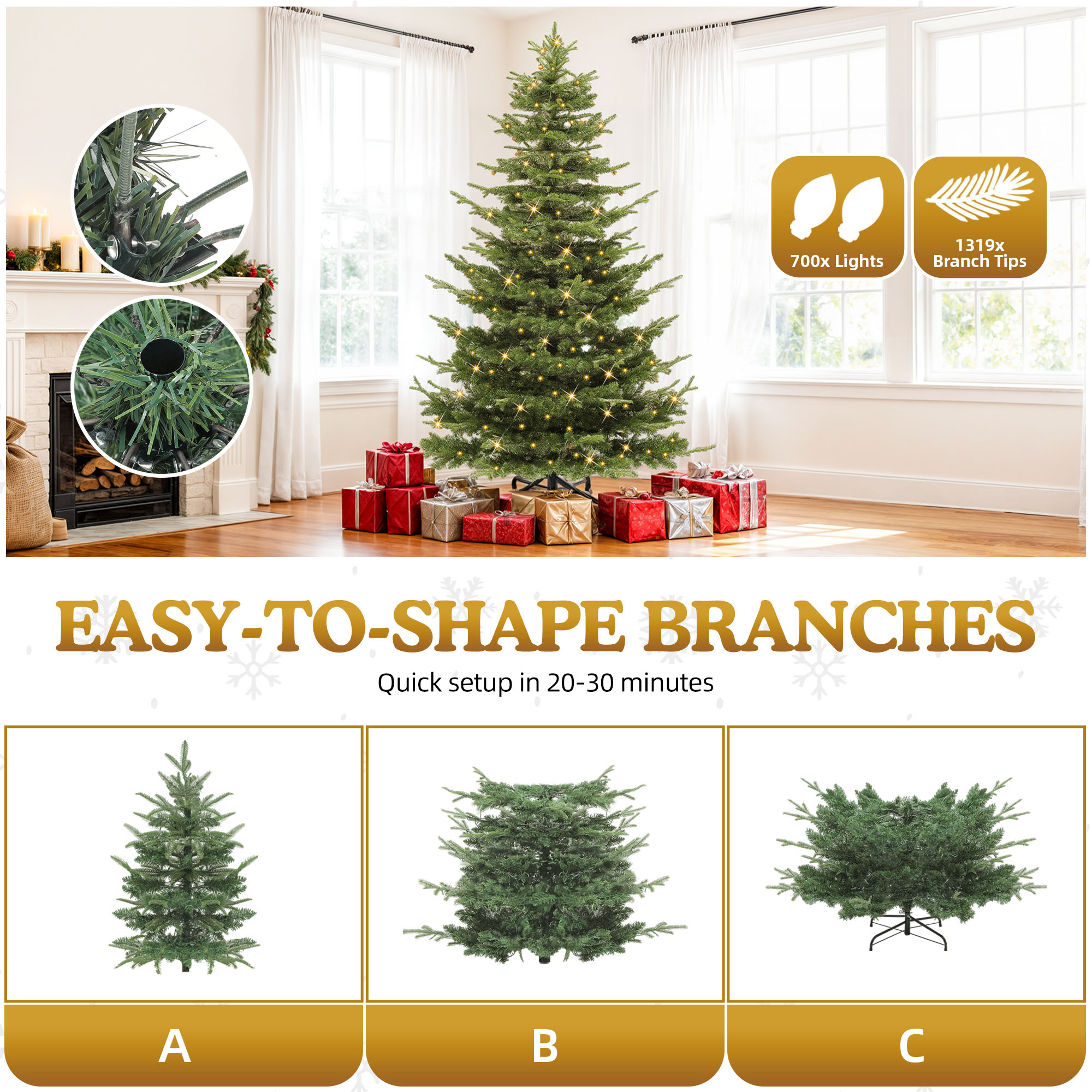 Uforic 7.5ft Pre-Lit Aspen Fir Artificial Christmas Tree with 1319 PE & PVC Branch Tips & 700 Lights,11 Light-Modes, Remote Control, Green