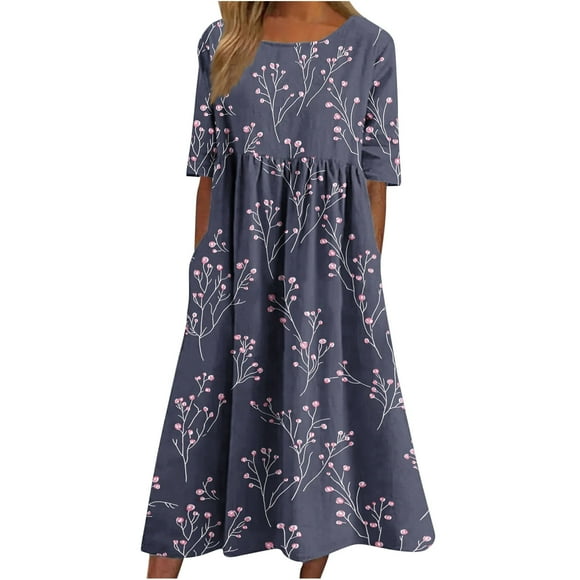 UPPADA Womens Summer Floral Dresses Casual Bohemian Crewneck Ruffles Long Maxi Dress Elegant Ladies Short Sleeve Beach Dresses,Robe Ete Pour Femme Taille Plus Navy,XXXL