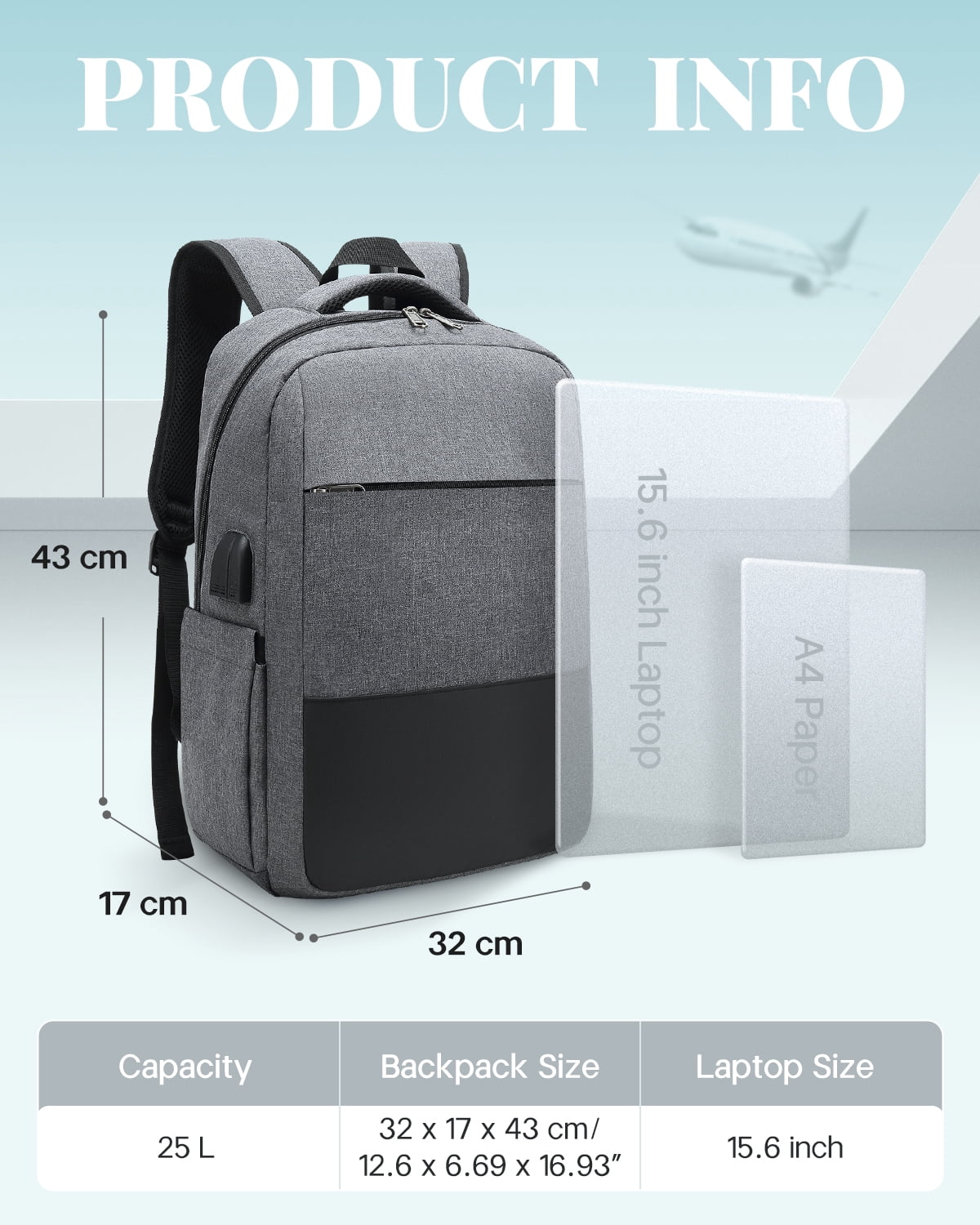 Travel Backpack with USB Port, Laptop Carry On Backpack, Waterproof Casual Daypack Computers Backpacks  for Women Men Weekender Trips, Business, School & Hiking, Gray