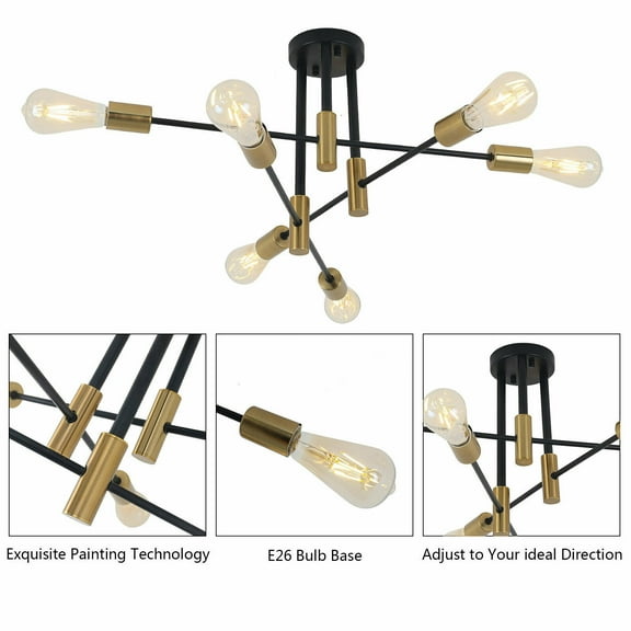 CNCEST 6 Lights Ceiling Light Metal Black Chandelier Fixture Pendant Lamp LED