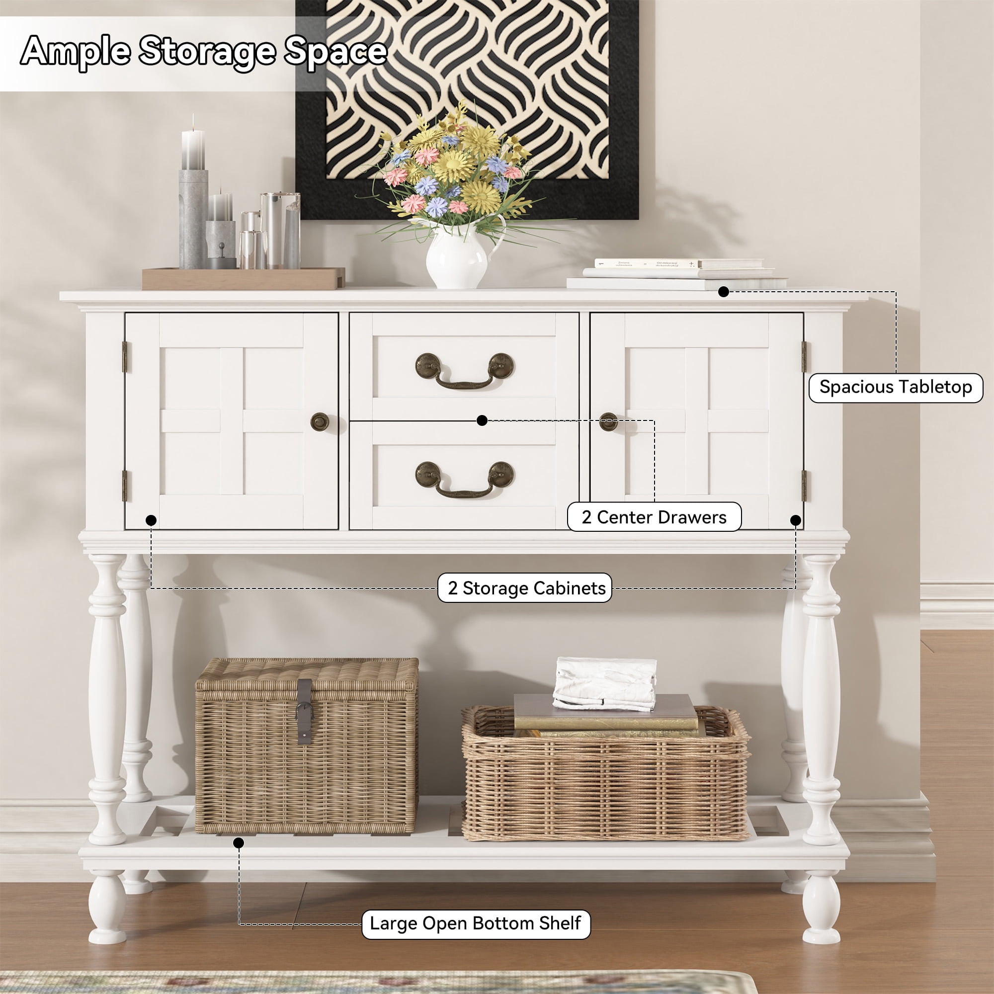 ZOSQUARE 42" White Console Table with Storage Cabinet, Entryway Table with Turned Legs and Bottom Shelf, Vintage Sofa Table Behind Couch for Living Room