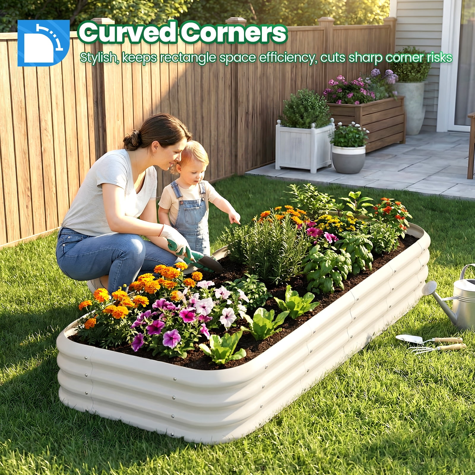 Quictent 6x3x1ft Galvanized Raised Garden Bed Kit, Oval Large Metal Outdoor Planting Box, Rubber Strip Edging for Ground Planter Vegetables Flowers Strengthened by Crossbar with Liner (Beige)
