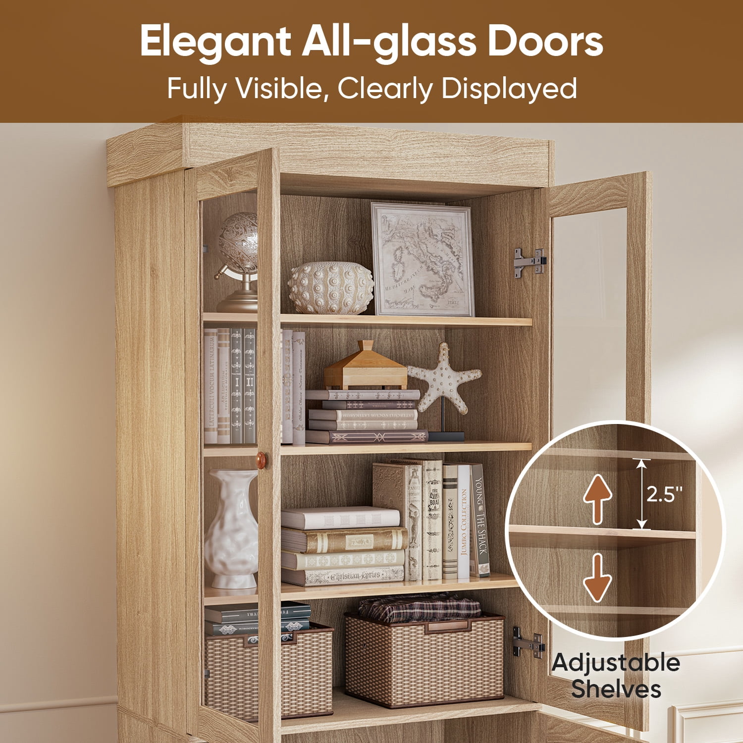 71" Tall Farmhouse Pantry Cabinet,Large Storage Cabinet with Adjustable Shelves,Kitchen Cabinets with 2 Glass Doors for Pantry,Dining Room,Living Room,Brown