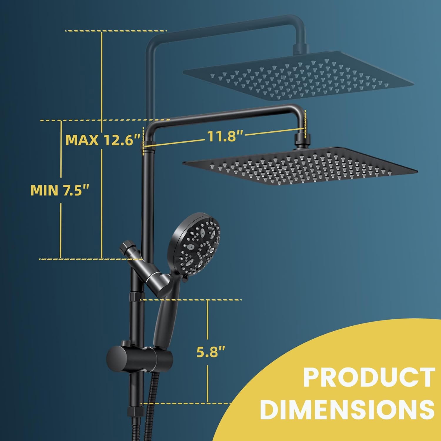 ROSYNEY 12 Inch Rain Shower Head with 8-Setting Handheld Spray Combo,Black Shower heads with Height Adjustable Shower Arm, Slide Bar with Holder, Stainless Steel Hose