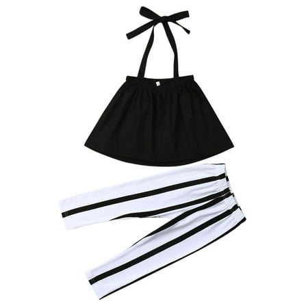 

Canrulo Toddler Kids Baby Girls Off Shoulder Solid Color Crop Tops Stripe Pants Outfits Black 1-2 Years