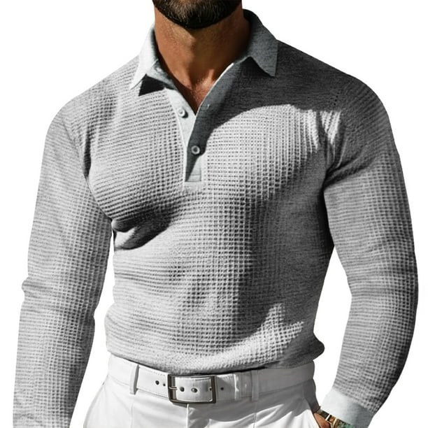 pstuiky camisas de manga larga para hombre, Camisa de golf de vacaciones de color liso para hombre, blusa de manga larga con botones y solapa Tops de hombre m