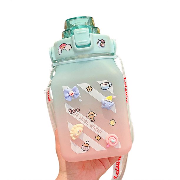 Linda botella de agua de gran vientre, botella deportiva portátil resistente al calor de gran capacidad con correa para el hombro, pegatina de dibujos animados para viajes al aire libre