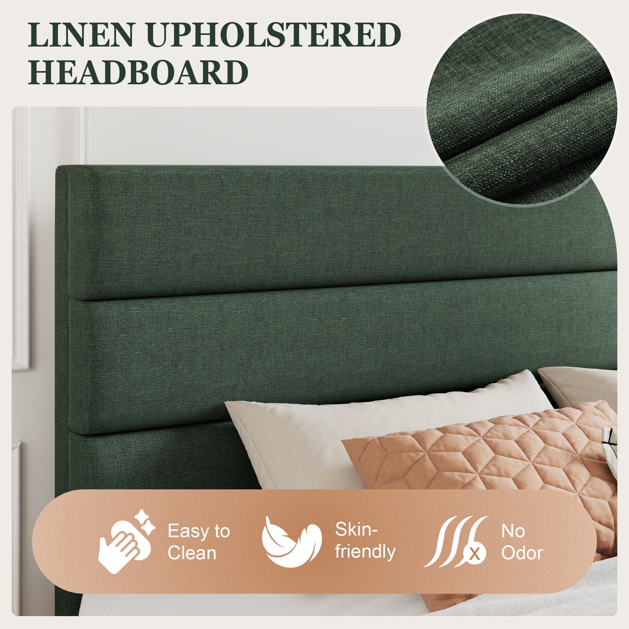 Amolife Full Bed Frame, Platform Bed Frame with Chenile Fabric Upholstered Slat Headboard, Green