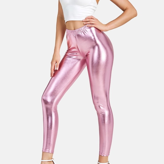 Ynynloco Women's Stretchy Faux Leather Leggings Pants, Sexy High Waisted Metallic Reflective Gold Foil Tights