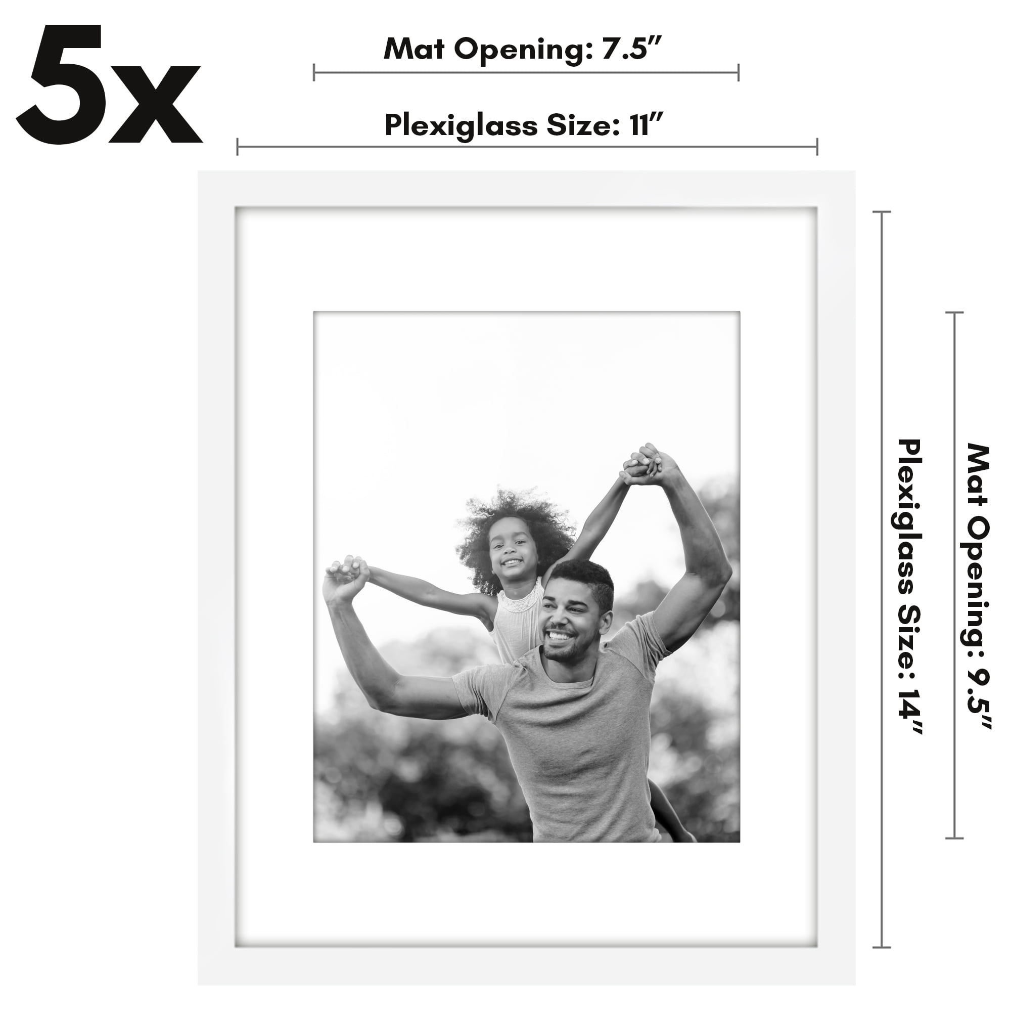 Americanflat 11x14 Picture Frame with Polished Plexiglass with 8x10 Mat 5 Pack Display Photo Galleria - White