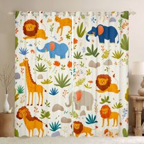 Castle Fairy Kawaii Elephants Giraffe Lion Blackout Curtains Set of 2 (52x84 Each) for Kids Children,Cartoon Animal Window Curtains,Botanical Plants Leaves Curtains and Drapes,Super Cozy Room Decor
