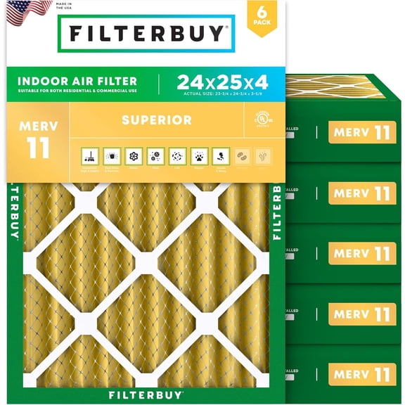 Filterbuy 24x25x4 Air Filter MERV 11 Allergy Defense, Pleated HVAC AC Furnace Filter Replacement, 6-Pack
