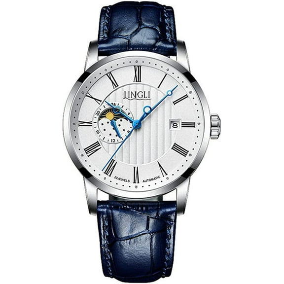JINLERY Men Automatic Self-Winding Mechanical Stainless Steel Leather Business Wrist Watch Sapphire Crystal Waterproof Clock Calendar Moon Phase