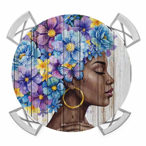 Elastic Fitted Round Tablecloth, Black African Women Waterproof Stretch Table Cover for 45"-54" Tables, Spring Floral Butterfly Retro Wooden Washable Outdoor Tablecloths for Patio, Picnic, Camping