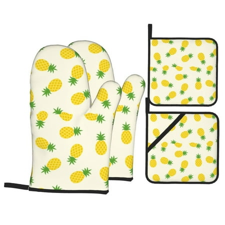 

Oven Mitts and Pot Holders 4 pcs Set Sweet Pineapple Heat Resistant Pot Holders Oven Mitts for kitchen Non-Slip Hanging Loop Oven Glove Potholders for Baking Cooking