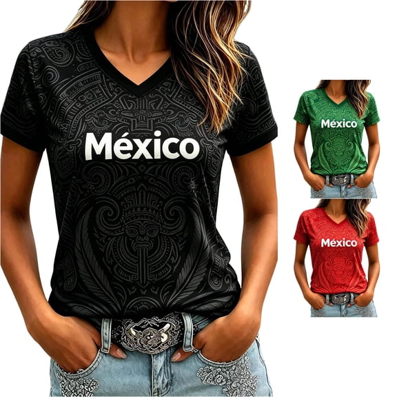 Trendfront Womens Mexico Aztec Pattern T Shirts V Neck Short Sleeve Mexico Letter Graphic Football Fan Match Day Country Pride Tee Tops