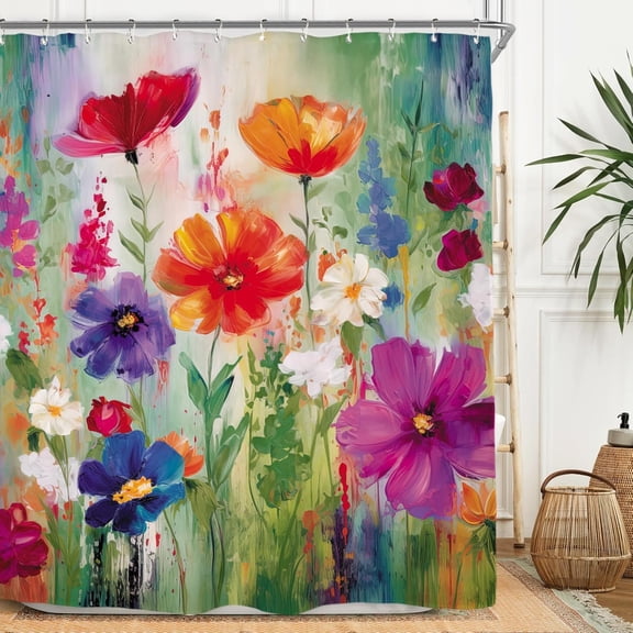 Flower Vintage Waterproof Shower Curtain Set Colorful Oil Painting Abstract Wildflower Orange Purple Waterproof Bathroom Curtain with Hooks 36"W x 72"L (Pack of 1)