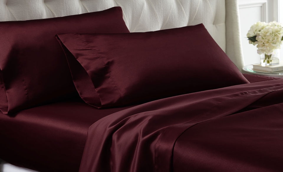 4 Piece Solid Satin Sheet Set, Ruby Red, Queen