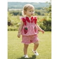 thumbnail image 4 of Loicainy Toddler Baby Girl Summer Outfit 6 9 12 18 24 Months 2T 3T Strawberry Embroidered Plaid Bows Ruffled Trim Tank Tops and Shorts 2 Pcs Clothes Set, 4 of 10