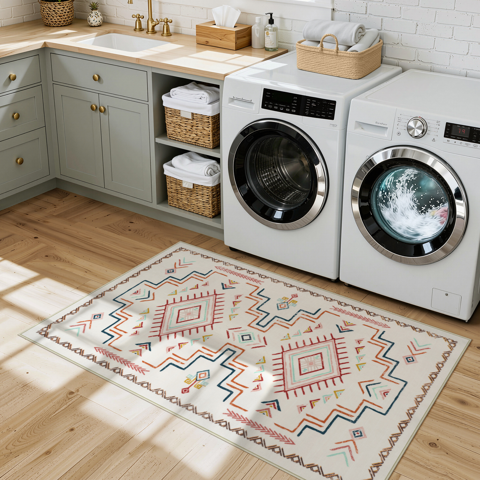 Lahome Washable 3'x5' Area Rug, Colourful Tribal Aztec Rugs for Living Room, Non-Slip Small Entryway Carpet for Bedroom Girls Kitchen Indoor, Low-Pile Boho Western Decor, Colourful