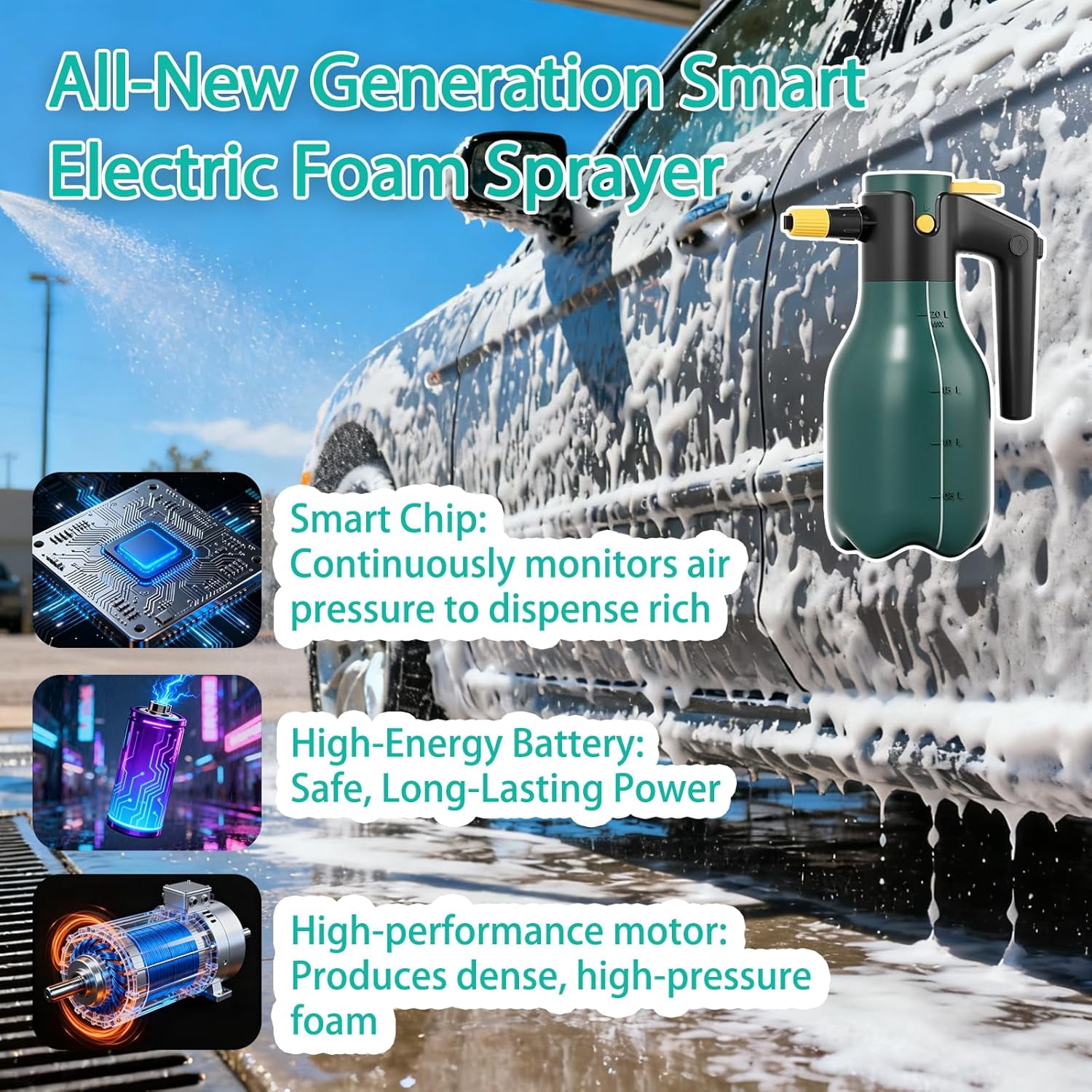 JJEAN-Electric Pressurized Foam Sprayer, 2L Cordless Pump Sprayer with One-Touch Lock, Portable Foam Sprayer for Car Wash, Auto Detailing, House & Pet Cleaning