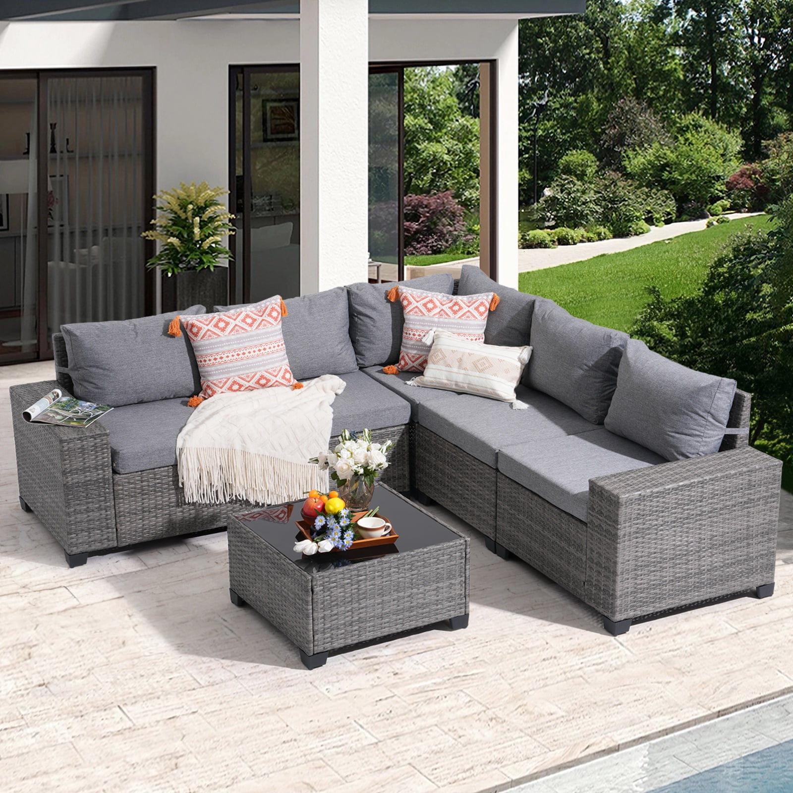 JOIVI 6-Piece Patio Furniture Set, Rattan Outdoor Conversation Set with Coffee Table, Wicker Sectional Sofa Set with Wide Armrest for Yard, Background, Gray