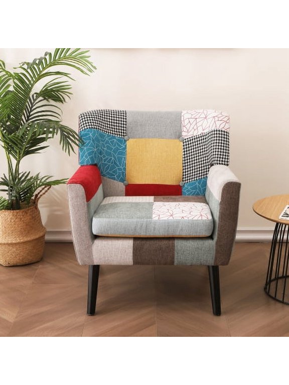Patchwork Accent Chair, Mid Century Modern Fabric Club Chair for Bedroom Comfy, Colourful Single Sofa Chair for Livingroom, Bedroom, Office, Study and Reading Room